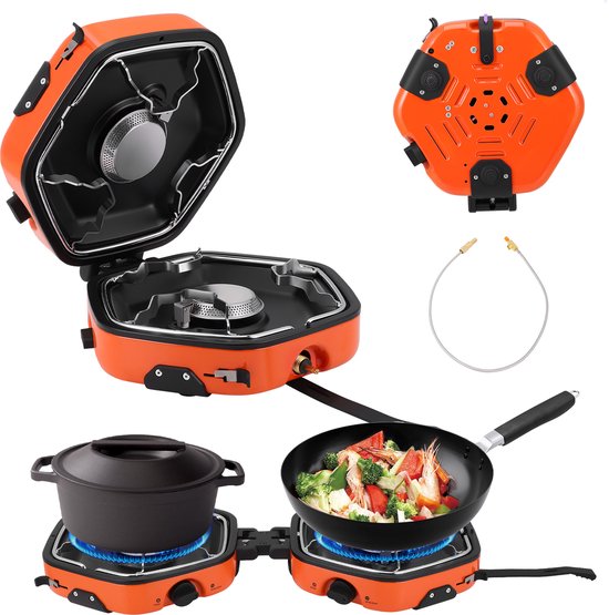 Jently kampeerkachel - opvouwbaar gasfornuis - gaskookplaat - gasfornuis camping - 2 pits - oranje van Merkloos