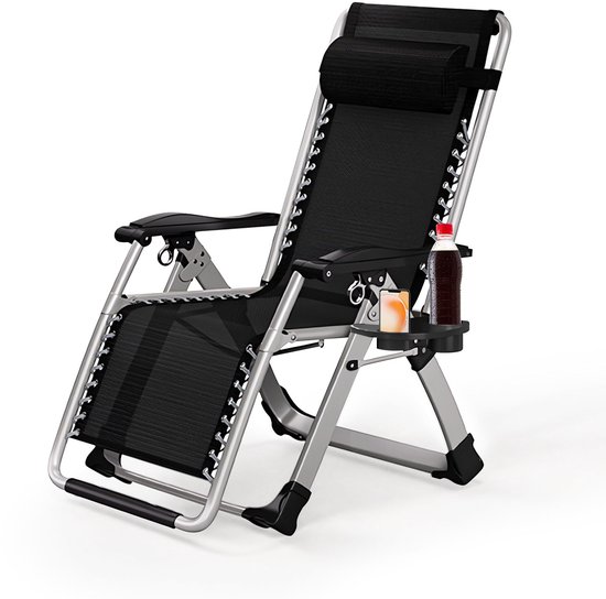 Jently tuinstoelen - tuinstoel - ligstoel voor buiten - opvouwbaar - met hoofdsteunkussen - bekerhouder - zwart/grijs