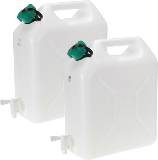 Jerrycan voor water - 2x - 10 liter - Kunststof - met kraantje en dop - Camping van Luxe Campers