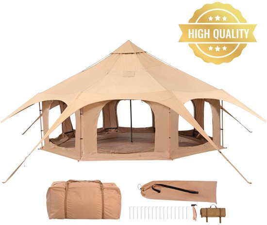 Joorly 8 Persoons Kampeertent - 500x280cm - Glamping Tent – 4 Seizoenen - Yurt Tent – Tent met Kachelaansluiting – Gezinstent – Ademende Canvas Tent - Beige