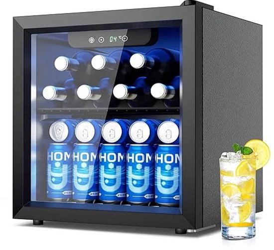 Joorly Mini Koelkast - Minibar - Drankkoelkast met glazen deur - Minibar voor 126 blikjes - met LED en temperatuurregeling - Wijn en bier koelkast - 43×41×47 cm - Zwart- RVS