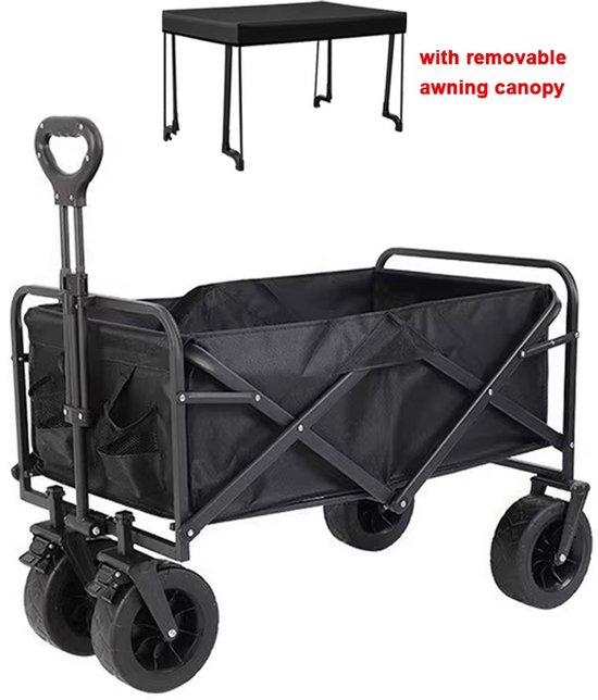 JOYNEXTBUY - Opvouwbare Tuinwagen - Afneembaar Zonnedak – Transportkar met Grote Draagcapaciteit – Inklapbare Bolderkar – Voor Kamperen, Strand, Tuin en Outdoor Gebruik - Zwart