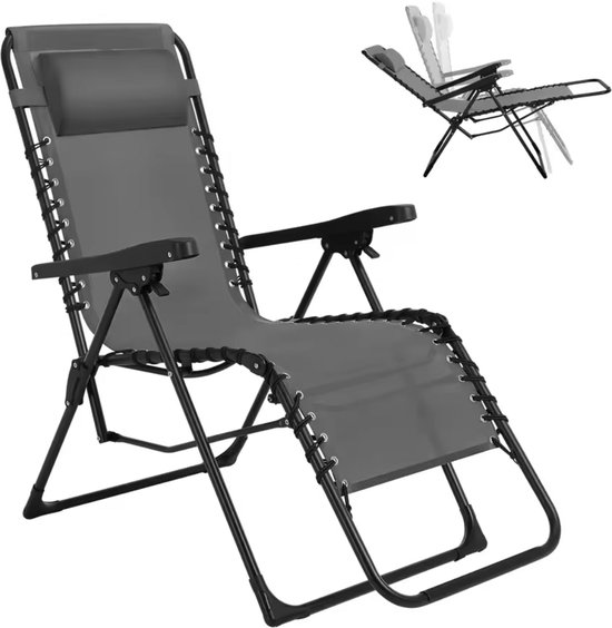 J&R Opvouwbare strandstoel - Tuinligstoel – Verstelbare Relaxstoel met Hoofdsteun – 0-160° Ligstand – Heavy Duty 150kg – Grijs – Camping, Strand & Tuin