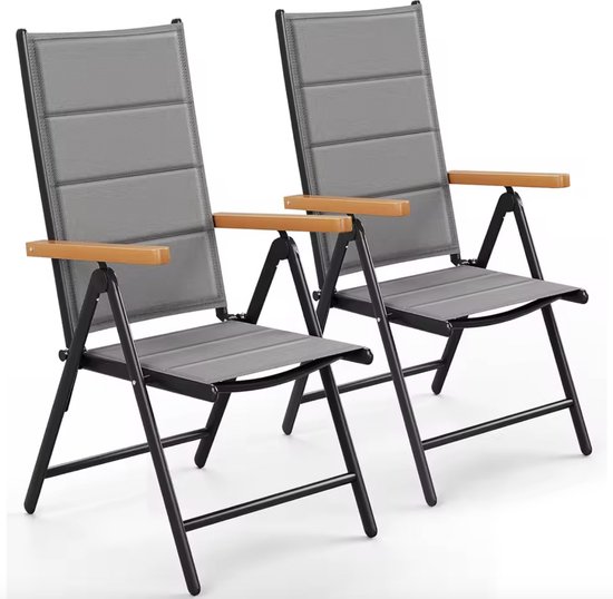 J&R Set van 2 Tuinstoelen - Klapstoelen opvouwbaar - 7-Standen verstelbaar - Aluminium - Grijs met houtlook armleuningen