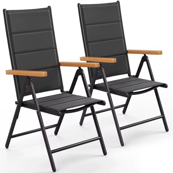 J&R Set van 2 tuinstoelen - Klapstoelen opvouwbaar - 7-Standen verstelbaar - Aluminium - Zwart met houtlook armleuningen