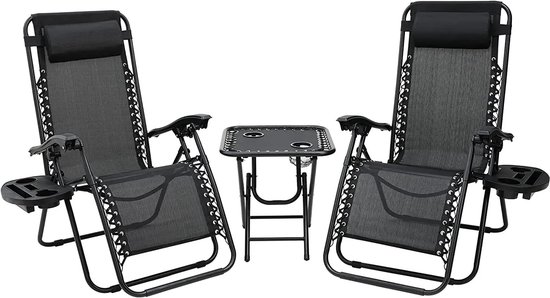 JRG Ligstoel set - Ligbed - Tuinset - Tuinstoelen - Tuinset - Bijzettafel - Voor buiten - Tweepersoons - 2 Persoons - Zwart