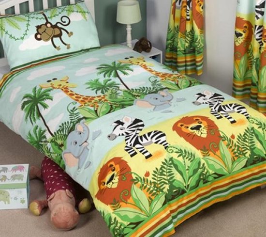 Jungle Peuter Dekbedovertrek - 120x150 cm - Met Leeuw, Zebra, Olifant, Giraffe en Aap - Kinderbeddengoed Oerwoud Thema