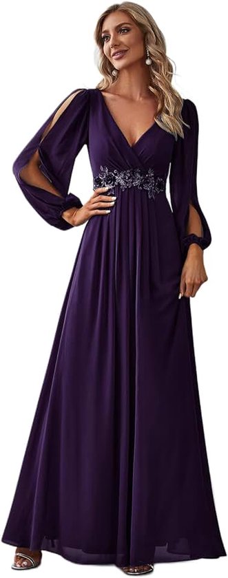 Jurk, EP00461-P, voor moeder van de bruid, grote maat, dames, lange mouwen, V-hals, chiffon, applicatie, geplooid