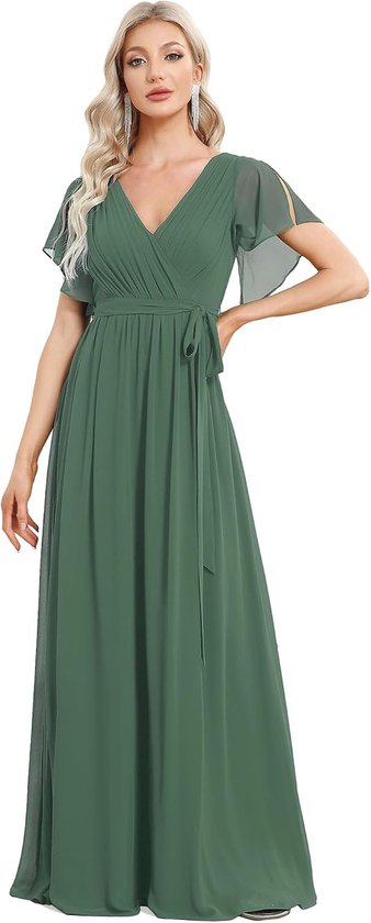 Jurk voor bruiloft, gast, lang, dames, V-hals, chiffon, A-lijn, korte mouwen, geplooid, chic, EE0164A