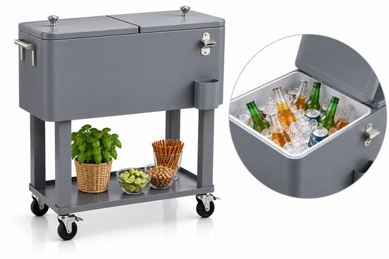 Jurrys Koelwagen - Koelbox - Drankkoeler - Buitenkoeler - Inclusief fles opener - Op wielen - Terras - inhoud 56L - Grijs