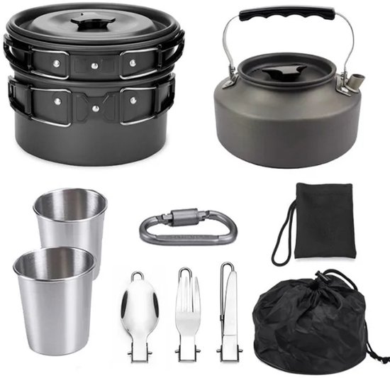 JustValue Complete Camping Kookset - 9-Delig - Pannenset, Bestek & Kopjes - Reizen & Kamperen - Theepot - Survival Pakket - Zwart