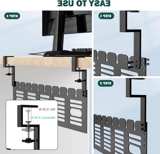 Kabelbeheer zonder boren - 2-pack metalen stalen kabelmanagementrek - kabeldraadbeheer onder bureau - computertafel en kantoor thuis van Mount-It!
