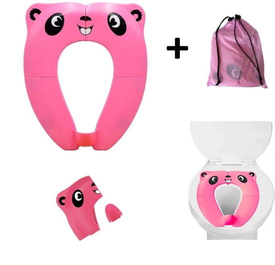 Kabor WC Bril Verkleiner Roze met Pandaprint  met roze Wasbare Zak- Toilettrainer kind- Opvouwbare Toilet Zitje - Peuter WC Bril - Uitgeklapt 36 x 18 cm van Kabor