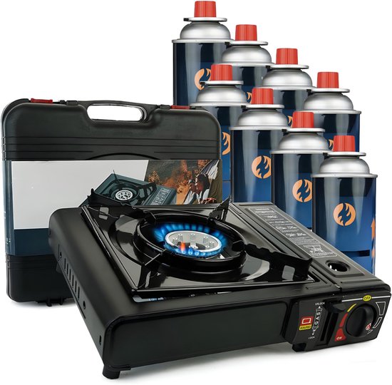 KAD® Gasfornuis - Met 8 gasflessen - Camping Kooktoestel - Camping Kooktoestel Gas - Zwart - 34cm x 26cm x 8cm