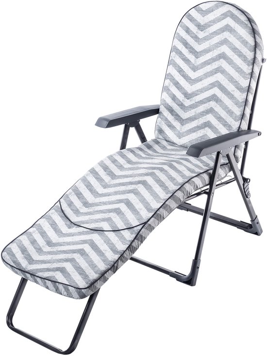 KADAX Ligstoel met verstelbare rugleuning, ligstoel met stalen frame, inklapbare tuinstoel, zonneligstoel met bekleding, klapstoel, campingstoel, relaxstoel (grijs zigzag)