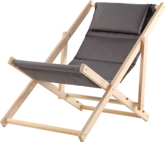 KADAX Ligstoel, strandstoel van hout, zonnebed tot 120 kg, ligstoel van beukenhout, houten klapstoelen, strandstoel, klapstoel voor strand, houten ligstoel (met hoofdsteun, grijs)