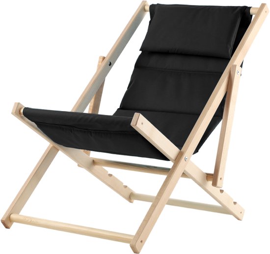 KADAX Ligstoel, strandstoel van hout, zonnebed tot 120 kg, ligstoel van beukenhout, houten klapstoelen, strandstoel, klapstoel voor strand, houten ligstoel (met hoofdsteun, zwart)