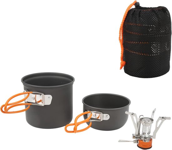 Kampeer Kookset - Buiten Koken - Outdoor Activiteiten - Lichtgewicht Aluminium - Compact Formaat - Oranje Handvat