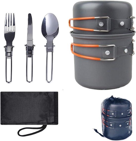 Kampeer Kookset - Buiten kookgerei - Outdoor koken - Antiaanbaklaag - 17 x 12 x 12 cm - Oranje