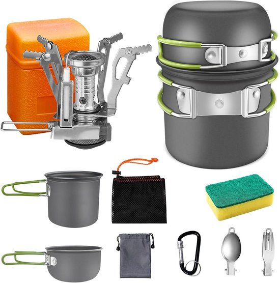 Kampeer Kookset - Buiten Kookgerei - Outdoor Koken - Inclusief Gasfornuis - 9 Delig - Grijs