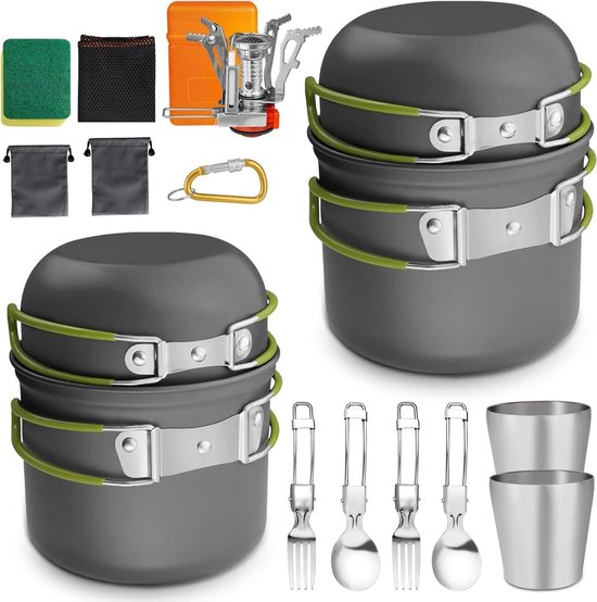 Kampeer Kookset - Outdoor Keukenset Picknickservies - Koken op de camping - Inclusief gasfornuis - 18 Delig - Grijs