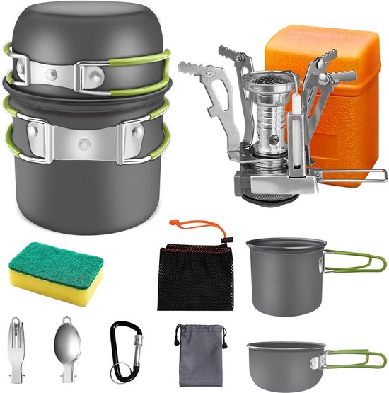 Kampeer Kookset - Outdoor Servies - Buiten Koken - Inclusief Gasfornuis - 9 Delig - Grijs