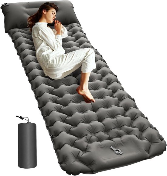 Kampeer Mat - Slaapmat Lichtgewicht - Outdoor Reizen - Zelfopblazend Voetpomp - 193x68x8 cm - Grijs