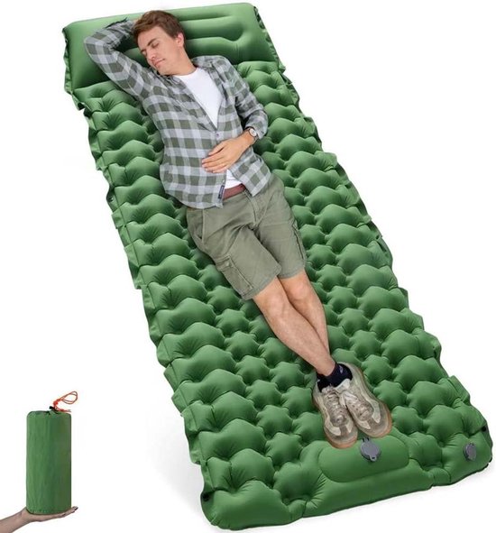 Kampeer Mat - Slaapmat Luchtbed - Comfortabel Buiten Slapen - Zelfopblaasbaar met Voetpomp - 196 x 68 cm - Groen