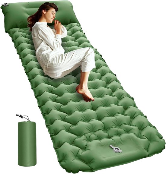 Kampeer Mat - Slaapmat Luchtbed - Outdoor slapen - Zelfopblazend met voetpomp - 68 x 193 cm - Olijfgroen