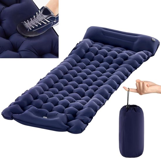 Kampeer mat - Slaapmat Opblaasbaar - Buiten slapen - Ingebouwde voetpomp - 13 cm dik - Blauw