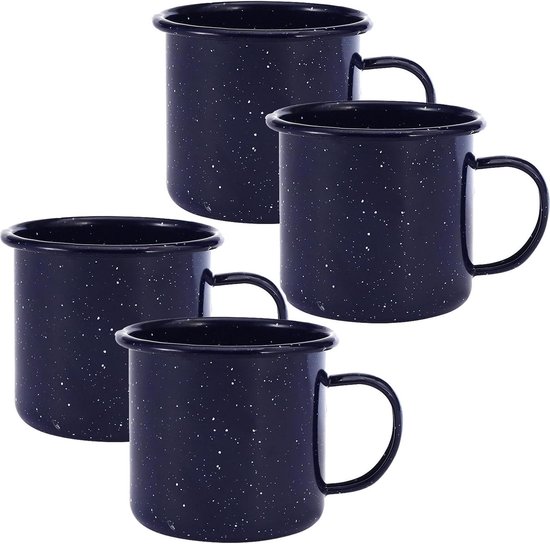 Kampeer mokken - Outdoor mokken - Koffie drinken buiten - Stevig emaille - 500 ml - Blauw en rood