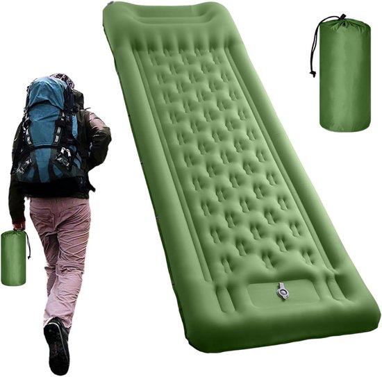 Kampeer Slaapmat - Opblaasbaar Matras - Buiten Slapen - Ingebouwde Voetpomp - 11 cm Dik - Olijfgroen