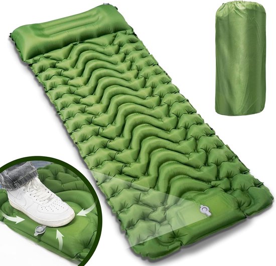 Kampeer slaapmat - Opblaasbare kampeermat met voetpomp en kussen - Compacte slaapmat - Geschikt voor backpacken - Kamperen - Reizen - Waterdicht - Duurzaam waterdicht lichtgewicht kampeer luchtbed - met kussen (196*66*8cm) van Merkloos