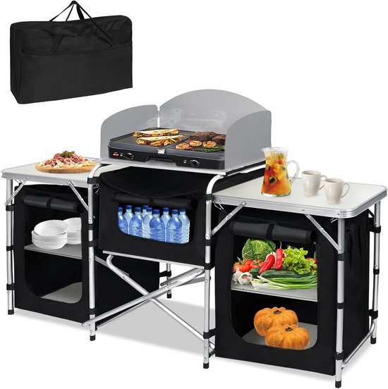 Kampeerkeuken Opvouwbaar - Kampeerkast Outdoor - Buiten Koken - Met Windscherm - 174 x 46 x 110 cm - Bruin