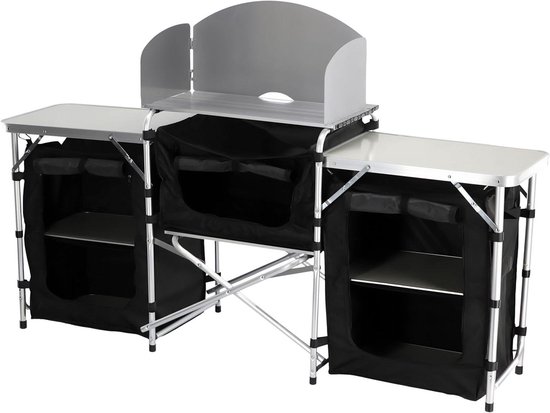 Kampeerkeuken - Opvouwbaar meubel - Buiten koken - Met windscherm - 175x40x111cm - Zwart
