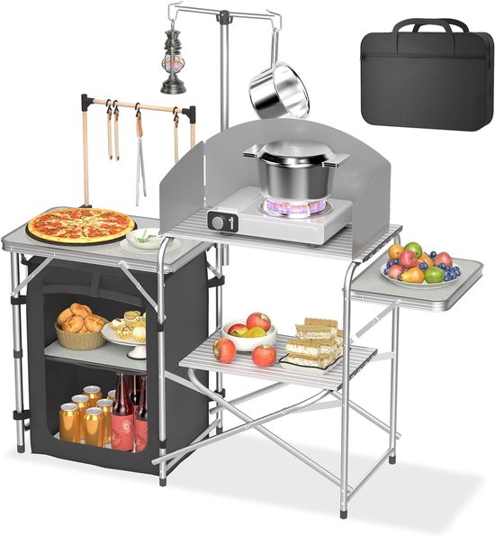 Kampeerkeuken Opvouwbaar - Outdoor Kast - Buiten Koken - Inclusief Windscherm - 146 x 46 x 141 cm - Zilver
