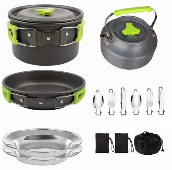 Kampeerkookset met antiaanbaklaag, lichtgewicht pot, pan, waterkoker en roestvrijstalen borden en keukengerei voor buiten koken, kamperen, wandelen, picknicken, backpacken