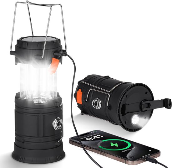 Kampeerlamp - Campinglamp - Stormlantaarn Opwindbaar en Zonne Energie - LED-tentlantaarn, lantaarn voor kamperen, wandelen - draagbare buitenlantaarn voor noodgevallen - Zwart
