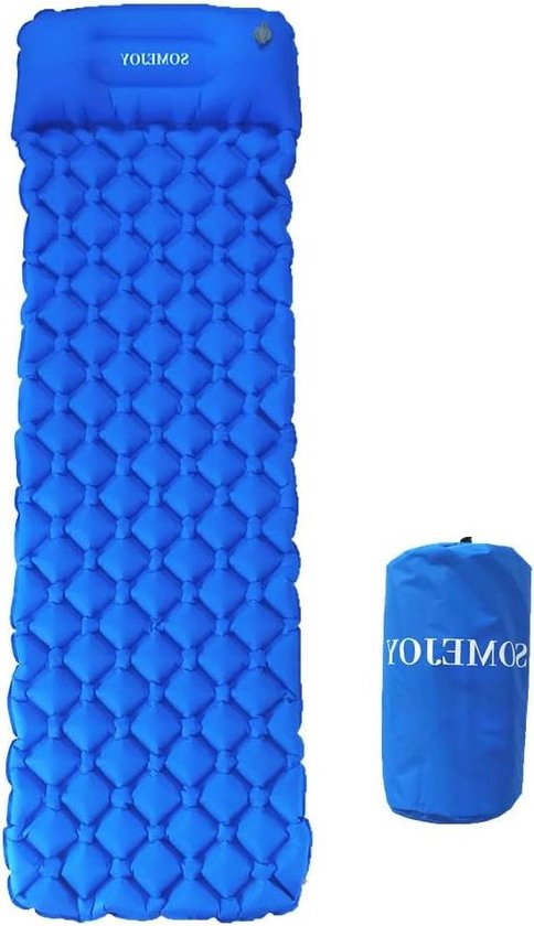 Kampeermat opblaasbaar met kussen - duurzaam luchtmatras - klein verpakkingsformaat - ultralicht opvouwbaar - blauw van Lalizas
