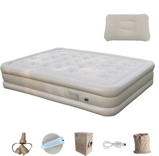 Kampeermatras Dubbel - Luchtbed Kamperen - Buiten Slapen - Zelfopblazend met Pomp - Verhoogd Dubbel - Beige