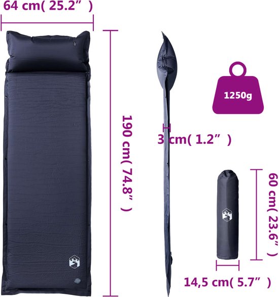 Kampeermatras met kussen zelfopblazend 1-persoons grijs van Quechua