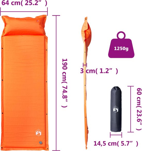 Kampeermatras met kussen zelfopblazend 1-persoons oranje van Quechua