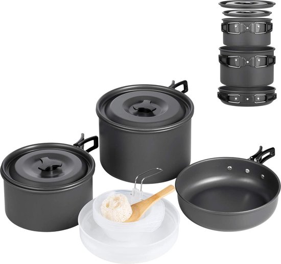 Kampeerservies, kookpotten voor buiten, lichtgewicht aluminium roestvrijstalen kampeerservies, opvouwbare kampeerpotten voor 3-4 personen van Merkloos