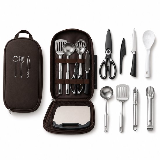 Kampeerservies Set 8-Delig - Lichtgewicht RVS Kookset voor 2-3 Personen - Outdoor Picknick, Glamping & BBQ - Compact Opbergtas - Bruin