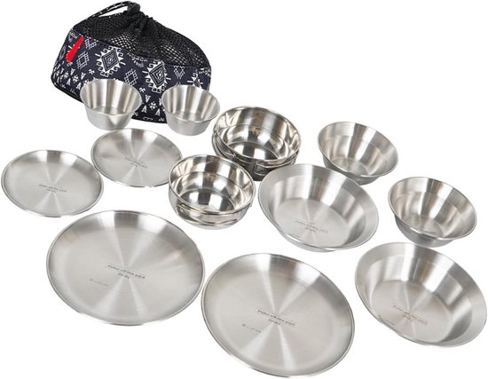 Kampeerset- 12 Stks Voor Camping Servies Set met RVS Kommen en Platen Ideaal voor Outdoor Maaltijden - zilver
