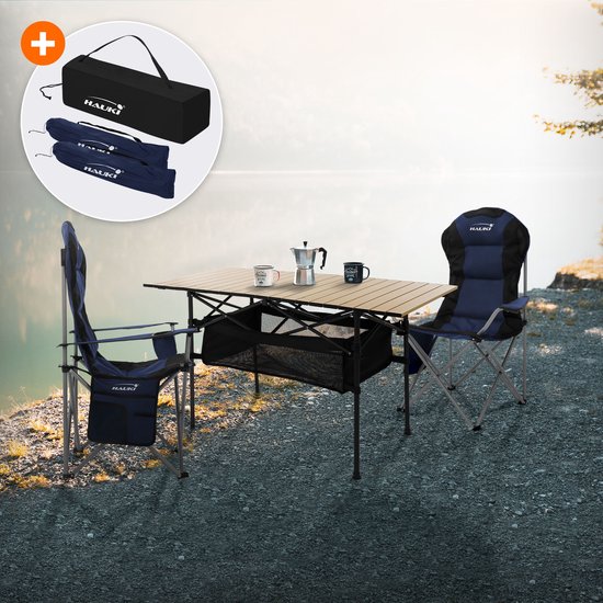 Kampeerset 3-delig met klaptafel beige en 2 campingstoelen blauw HAUKI