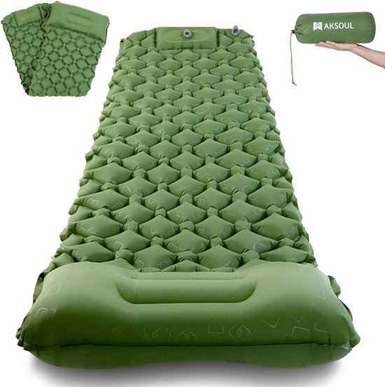 Kampeerslaapmat - Opblaasbaar matras Kampeerpad - Buiten slapen - Ingebouwde voetpomp - 190x55x6 cm - Groen