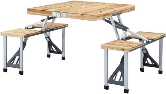 Kampeertafel met stoelen - Picknicktafel inklapbaar - Buiten dineren - Inclusief parasolgat - 4 personen - Zilverkleurig