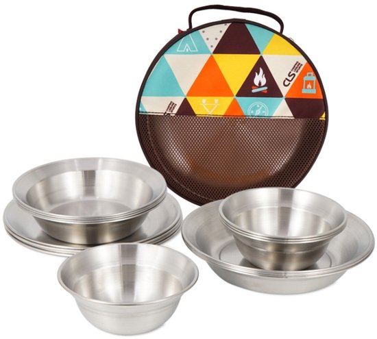 Kampeertafelset RVS - Buitenkeuken Servies - Picknicken en Kamperen - 16-Delig Inclusief Tas - 23x23x8 cm - Zilver