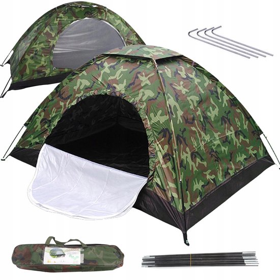 Kampeertent - 2 Persoons Tent - 200x150x110 cm - Oxford - Snel Opzetten - Camouflage - met Gaas - Muggenwerend & Ademend - Toeristentent - Voor Vissen Wandelen en Strand - Draagbaar